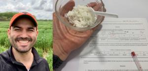Juan Arbelaez (left) and a rice sensory testing sample (right).