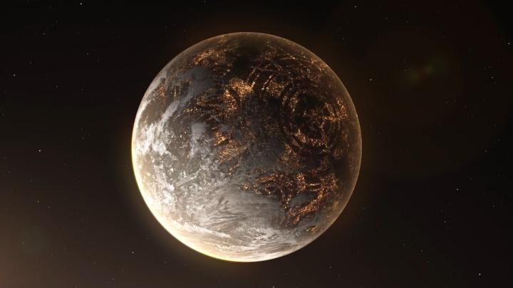 Artistic recreation of a hypothetical exoplanet with artificial lights on the night side