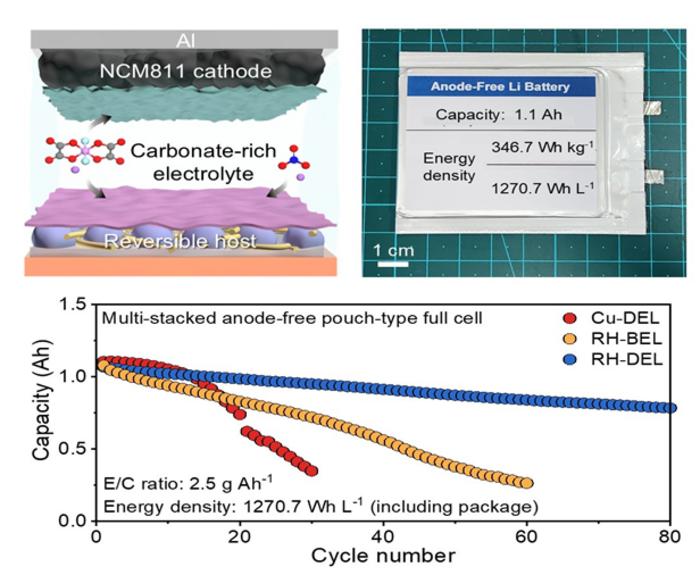 Schematic illustration and pouch cell of reversible host-designed electrolyte with its cycle performance