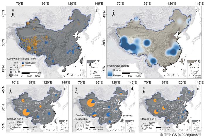 Map of spatial distribution of lake water storage across China