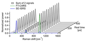 DIVS enables THz–fingerprint Raman spectra (grey trace) at an ultrafast real-time spectral acquisition rate of 24,000 spectra/sec.