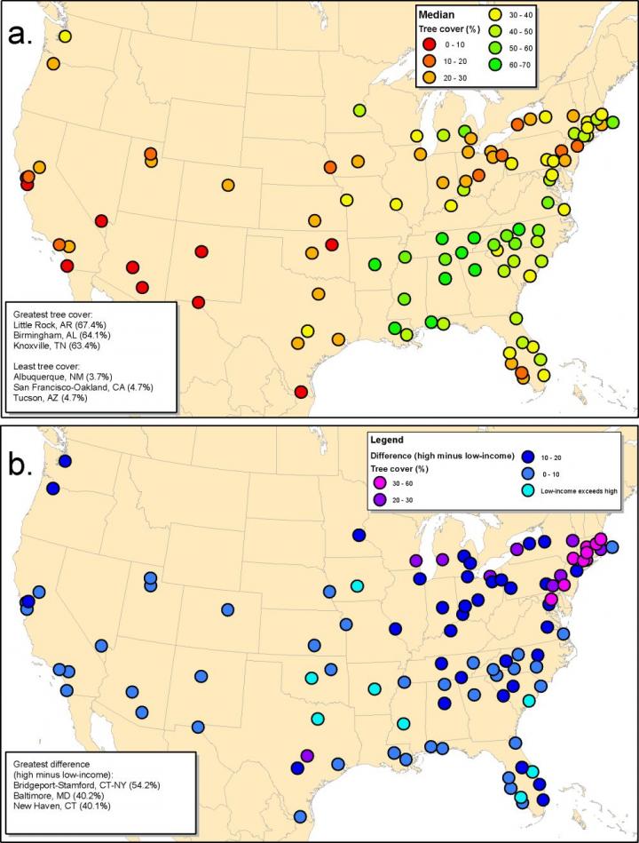 Low-income blocks in 92% of U.S. urban communities have less tree cover and are hotter
