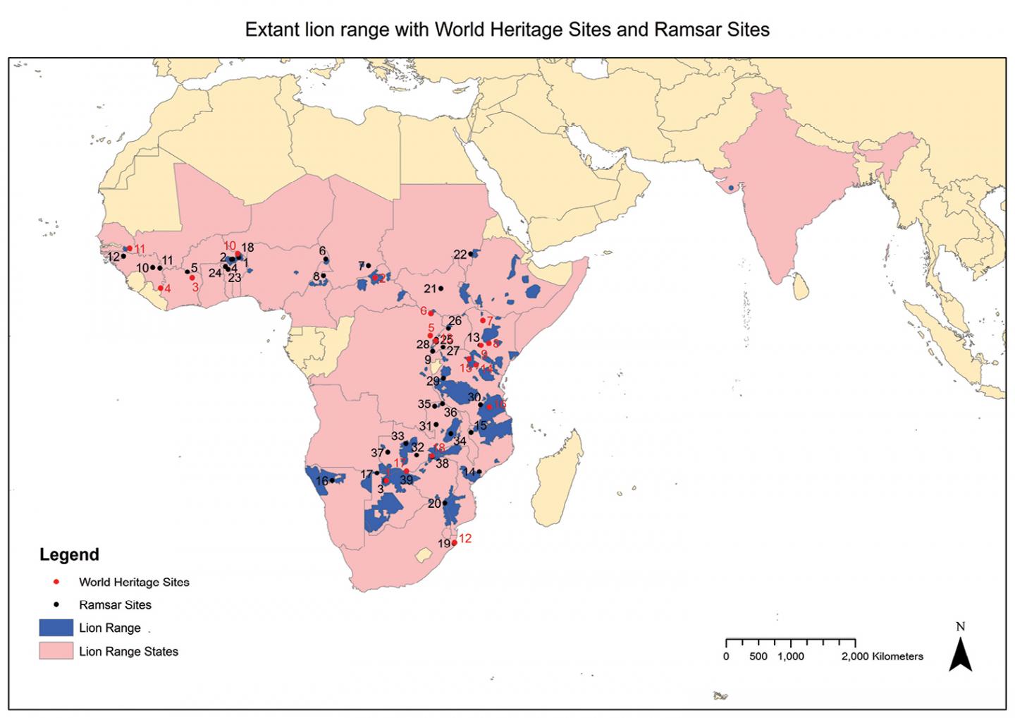 Extant Lion Range Map with Internationally Protected Sites