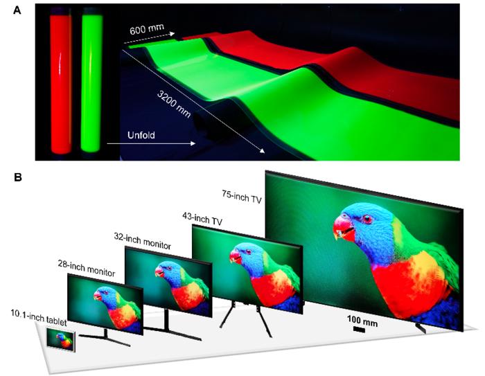 Figure 3. (From top) (A) Optical images (under UV light) of large-area flexible green HS-MAPbBr3 and red HS-CsPbBr1.2I1.8 PeNC films obtained by roll-to-roll printing. (B) Prototype demonstrations of various-size displays that used HS-PeNCs