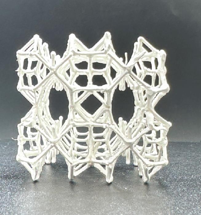 A close-up of the 3D-printed piezoelectric metamaterial, designed by AI and printed by our in-gel printing, to possess properties not found in nature.