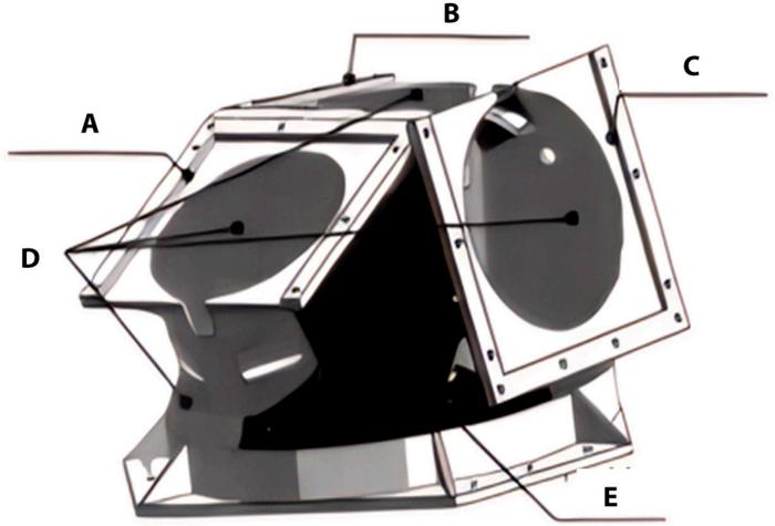 Fig. 11. Structural image of a star sensor bracket. (A) Star Sensor 1. (B) Star Sensor 2. (C) Star Sensor 3. (D) C/C composite structural members. (E) Heat dissipation surface (radiator).