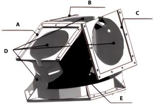 Fig. 11. Structural image of a star sensor bracket. (A) Star Sensor 1. (B) Star Sensor 2. (C) Star Sensor 3. (D) C/C composite structural members. (E) Heat dissipation surface (radiator).