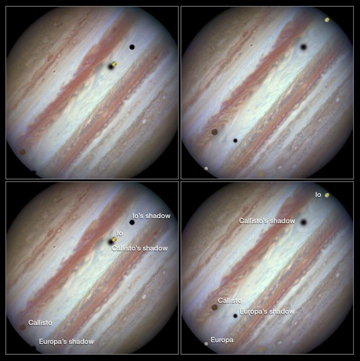 Three Moons and Their Shadows Parade across Jupiter -- Comparison of Beginning and End of Sequence