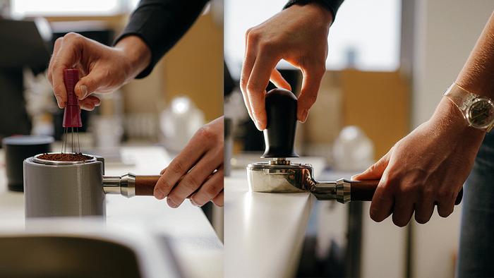 Baristas first evenly distribute coffee grounds