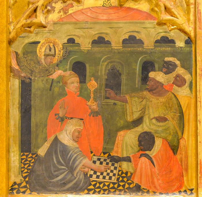 St Nicolas miracle chess scene in late 14th-C altarpiece