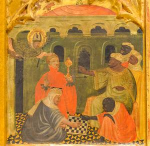 St Nicolas miracle chess scene in late 14th-C altarpiece