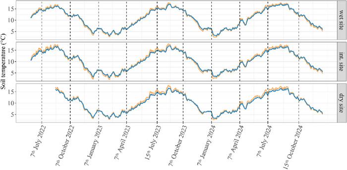 Mean soil temperature of the three study sites from July 2022 to December 2024