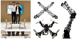 Figure 1. (From left) Prof. Sung-Hoon Ahn and Dr. Jun Young Choi of SNU Department of Mechanical Engineering standing on a 300 g composite beam developed in this study that supports a total load of approximately 150 kg