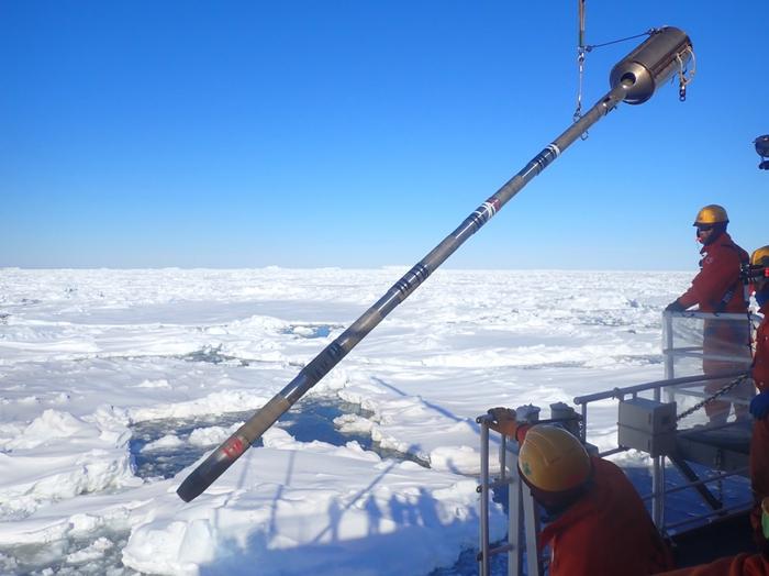 Marine sediment coring from the icebreaker Shirase during the 61st Japanese Antarctic Research Expedition (2019–2020).