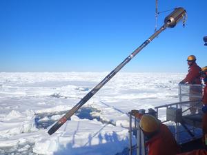 Marine sediment coring from the icebreaker Shirase during the 61st Japanese Antarctic Research Expedition (2019–2020).