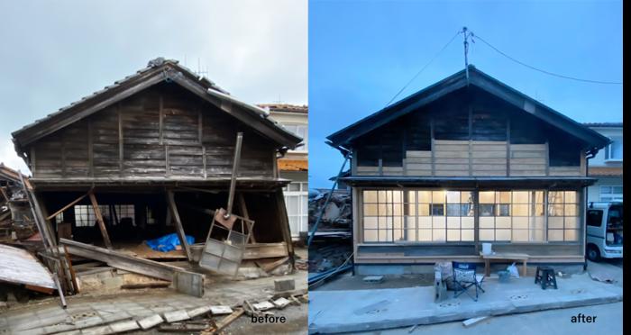 Exterior view immediately after the earthquake and after restoration