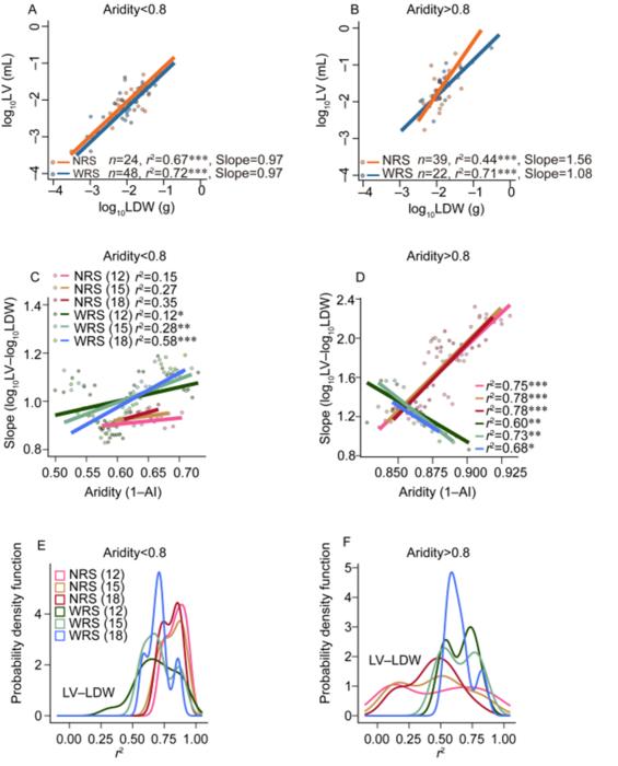 The relationships between LV and LDW for plants in drylands