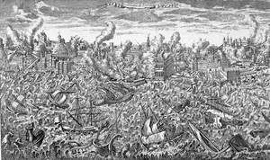 Copper engraving depicting Lisbon, Portugal, during the great earthquake of 1 November 1755.