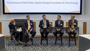 Matt Miller, Stellar Energy Foundation/Thea Energy (moderator); Andrew Holland, Fusion Industry Association; Tim Sullivan, New Jersey Economic Development Authority; Duncan Turner, SOSV/HAX; and Steve Cowley, Princeton Plasma Physics Lab.