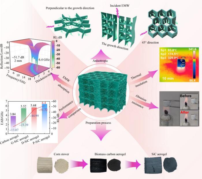 MICROSTRUCTURE AND MULTIFUNCTIONAL MECHANISM OF BIOMASS‑DERIVED ANISOTROPIC SIC AEROGEL WITH DIRECTION‑DEPENDENT ELECTROMAGNETIC ABSORPTION AND THERMAL INSULATION PERFORMANCE.