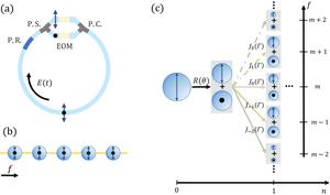 Figure | The structure of the ring resonator and the 1D DTQW in the synthetic frequency dimension.
