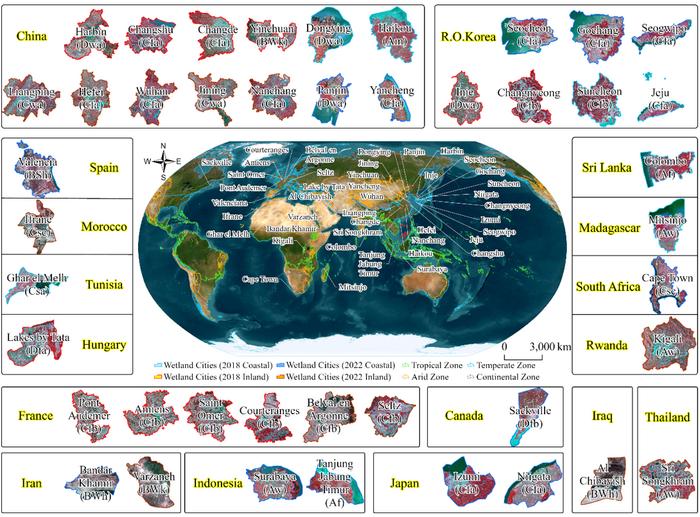Specific locations and associated Köppen–Geiger climate zones of the Ramsar Wetland Cities (RWCs) across their respective countries.