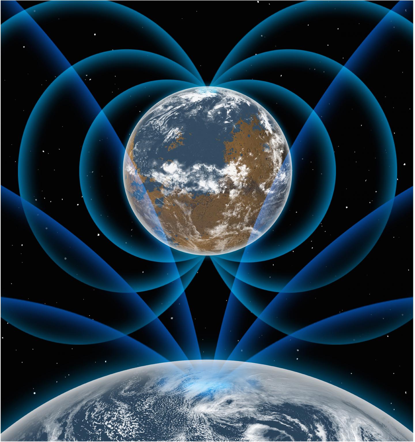Artist rendition of early Earth and Mars 4.2 billion years ago with internally-generated magnetic fields.