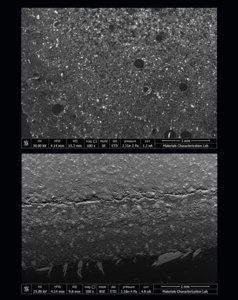 These images compare cement pastes mixed in space (above) and on the ground (below).