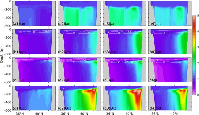 Vertical distributions of the accumulation factors for PCBs along section 131°E.