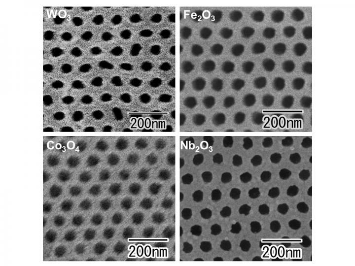 Ordered arrays of nanoholes in thin transition metal oxide layers.