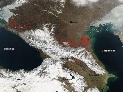 Fires and Snow in the Caucasus Mountains