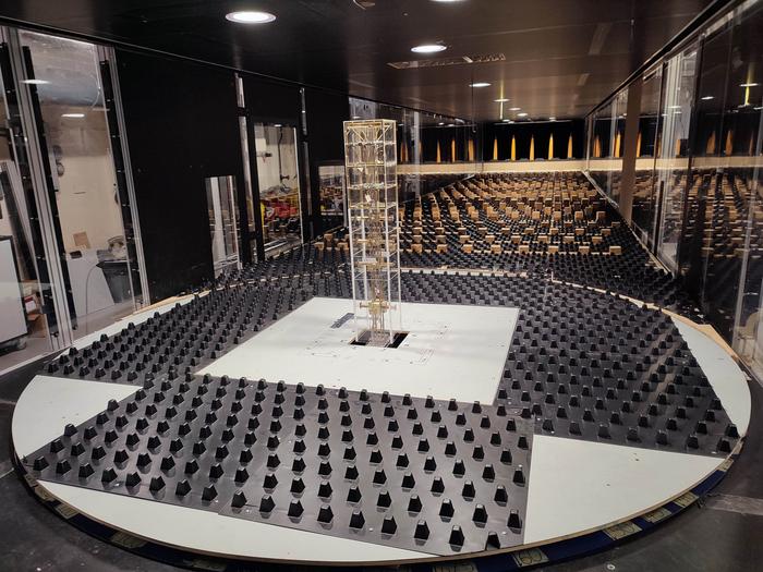 View of the aeroelastic model in the Imperial 10x5 Wind Tunnel