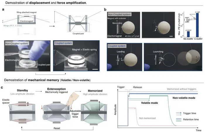 Figure 2. Demonstrations of amplified actuation and mechanical memory based on the C-EsMV system
