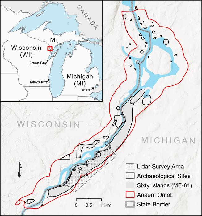 Map shows Sixty Islands and other archaeological sites along the Menominee River