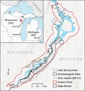 Map shows Sixty Islands and other archaeological sites along the Menominee River