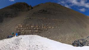 Members of a field team examine an outcrop of rock layers in Grotto Creek in Alaska's Wrangell–St. Elias National Park in 2019.