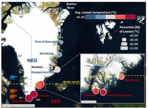 Polar bear locations and temperatures in Greenland