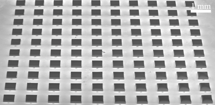 SEM micrograph of a cuboid parameter sweep comprising 10 x 10 elements fabricated via TPP from the photoresist IP-Q.