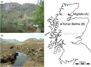Locations of study sites Migdale (a) and Torran Beithe (b) in the Scottish Highlands, with field photographs showing their terrain and current vegetation.