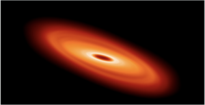 Image showing a rotating protoplanetary disc with a warp in later stages
