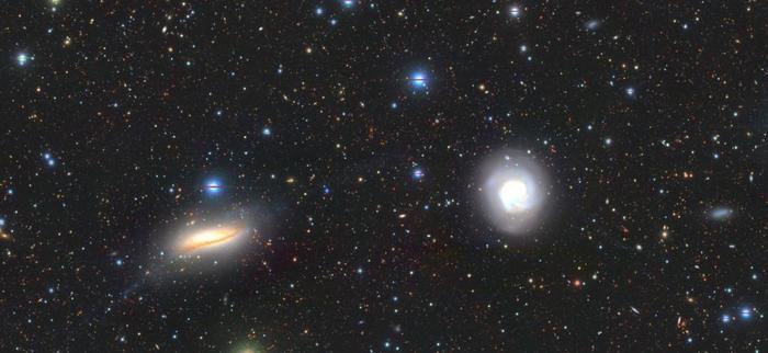 A high-resolution colour image showing the central galaxies NGC5713 and NGC5719 taken by the Hyper Suprime-Cam at the Subaru telescope in Hawaii.  (Photo credit: Professor Helmut Jerjen )