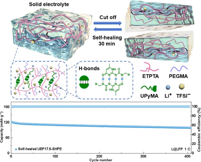 Schematic of the self-healing polymer electrolyte design and lithium deposition behavior