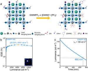 Figure 1 | The introduction of the multifunction molecule and the performance of the LED based on the QDs passivated by EMIMPF6.