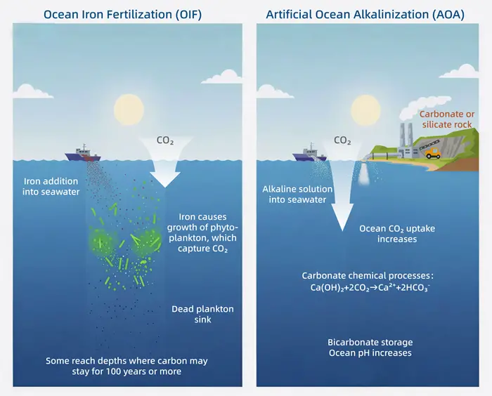 Illustrative diagram of ocean iron fertilization and artificial ocean alkalinization