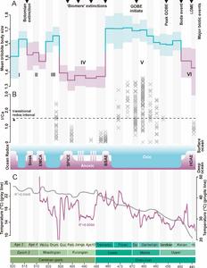Cambrian and Ordovician trilobite body size (A) and their correlation to the inferred oxygen levels (B) and temperature (C)