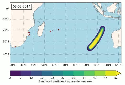 Computer Model Prediction for How Floating Debris from Mh370 Spread (Animation)