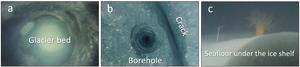 Borehole camera images of (a) glacier base, (b) crack found near the base and (c) life under the ice shelf.
