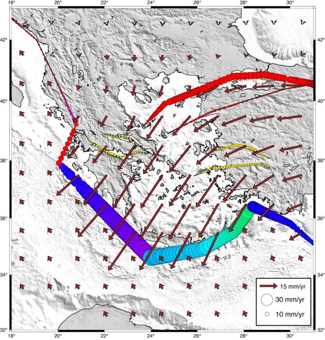 A seismic map of Greece, west Turkey and southern Balkan countries.