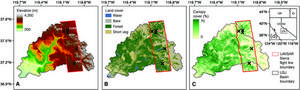 Topographic and Land Cover Map of the Study Area with UAVSAR Flight Line.