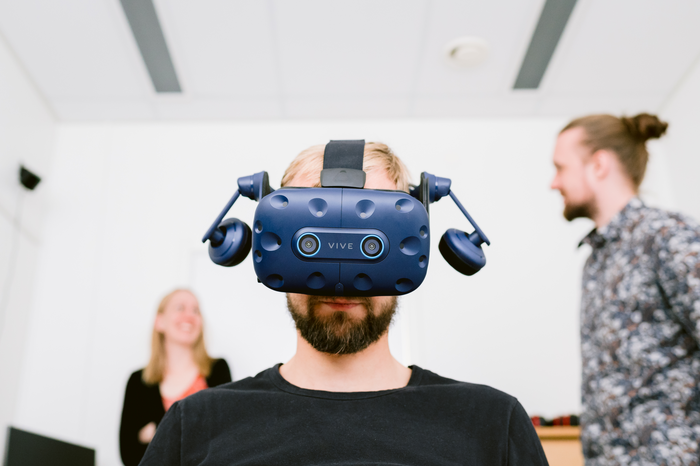 PhD student Peter Bang with VR headset